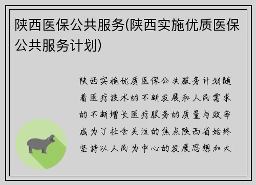 陕西医保公共服务(陕西实施优质医保公共服务计划)